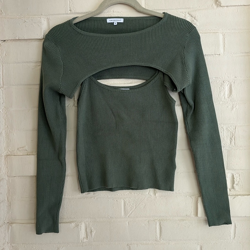 Crescent Olive Green Ribbed Tank Top and Shrug